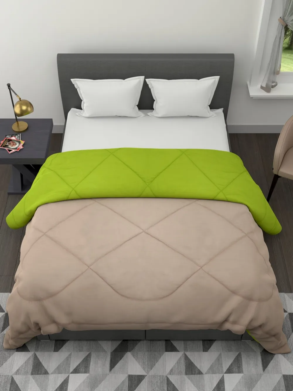 Clasiko Cozy Beige & Green  King Size Double Bed Reversible Comforter- 220 GSM