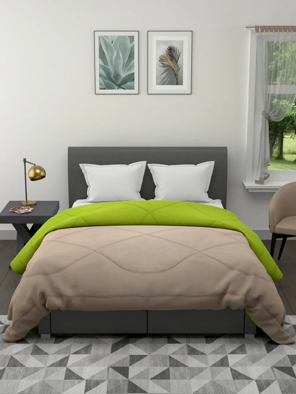 Clasiko Cozy Beige & Green  King Size Double Bed Reversible Comforter- 220 GSM