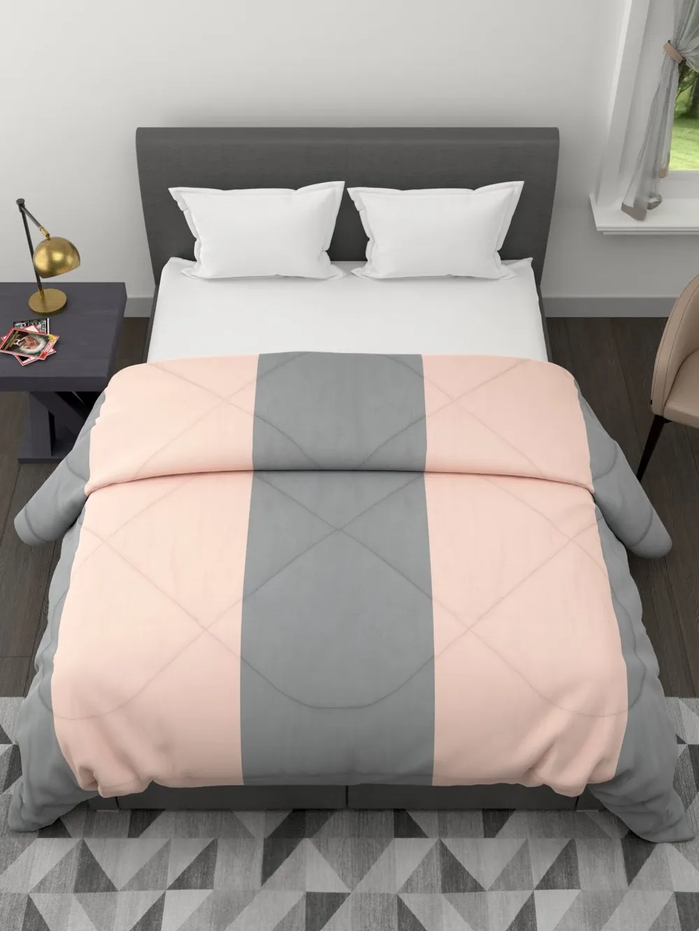Clasiko Cream & Grey Striped King Size Double Bed Reversible Comforter- 220 GSM