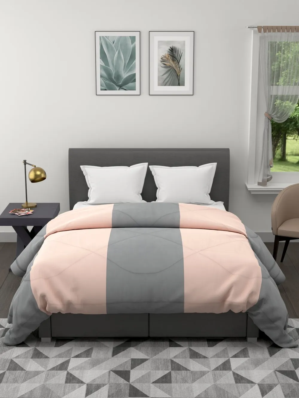 Clasiko Cream & Grey Striped King Size Double Bed Reversible Comforter- 220 GSM