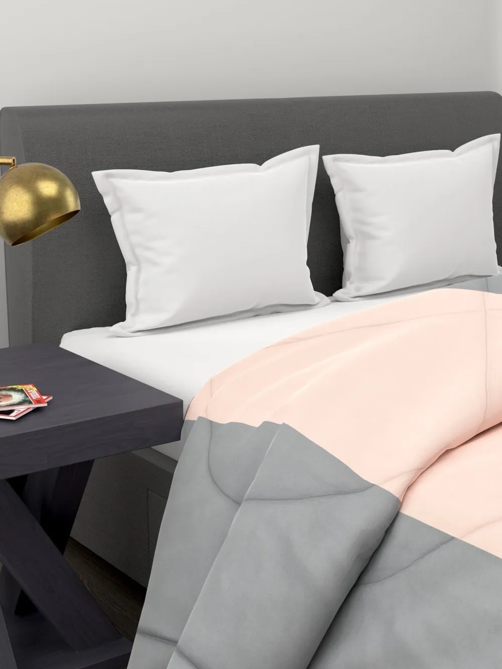 Clasiko Cream & Grey Striped King Size Double Bed Reversible Comforter- 220 GSM