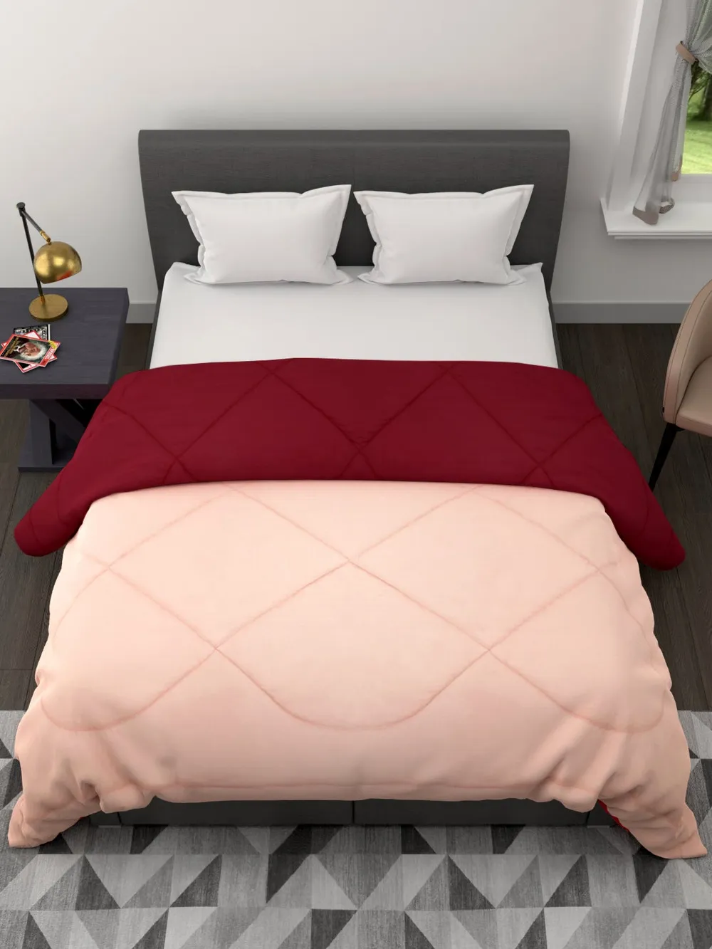 Clasiko Cream & Maroon King Size Double Bed Reversible Comforter- 220 GSM