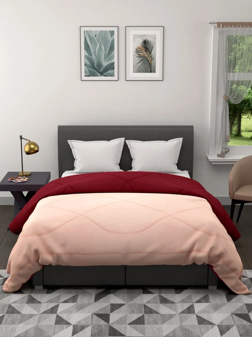 Clasiko Cream & Maroon King Size Double Bed Reversible Comforter- 220 GSM