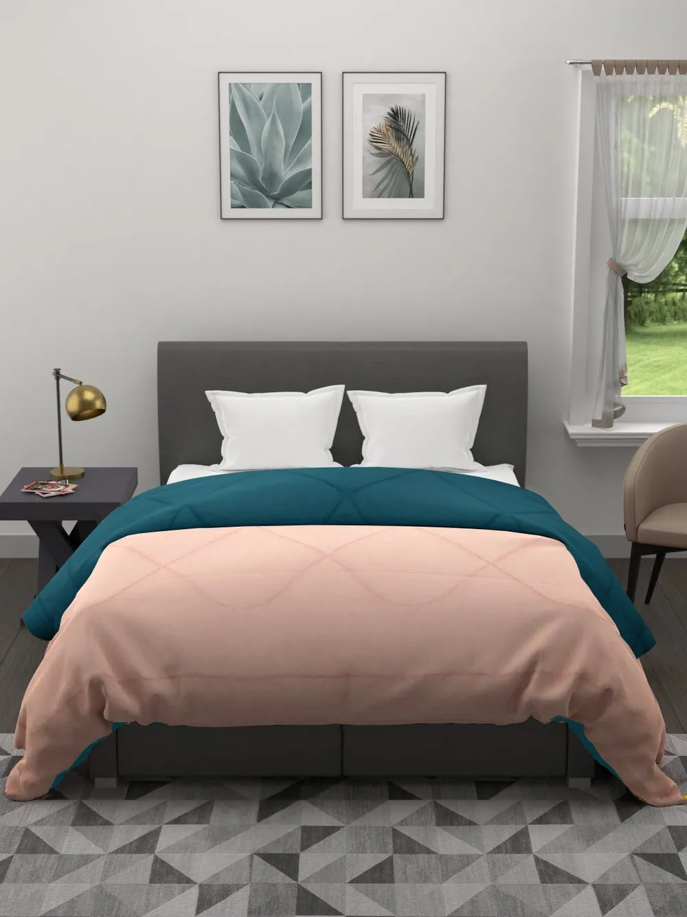 Clasiko Cream & Sea Green King Size Double Bed Reversible Comforter- 220 GSM