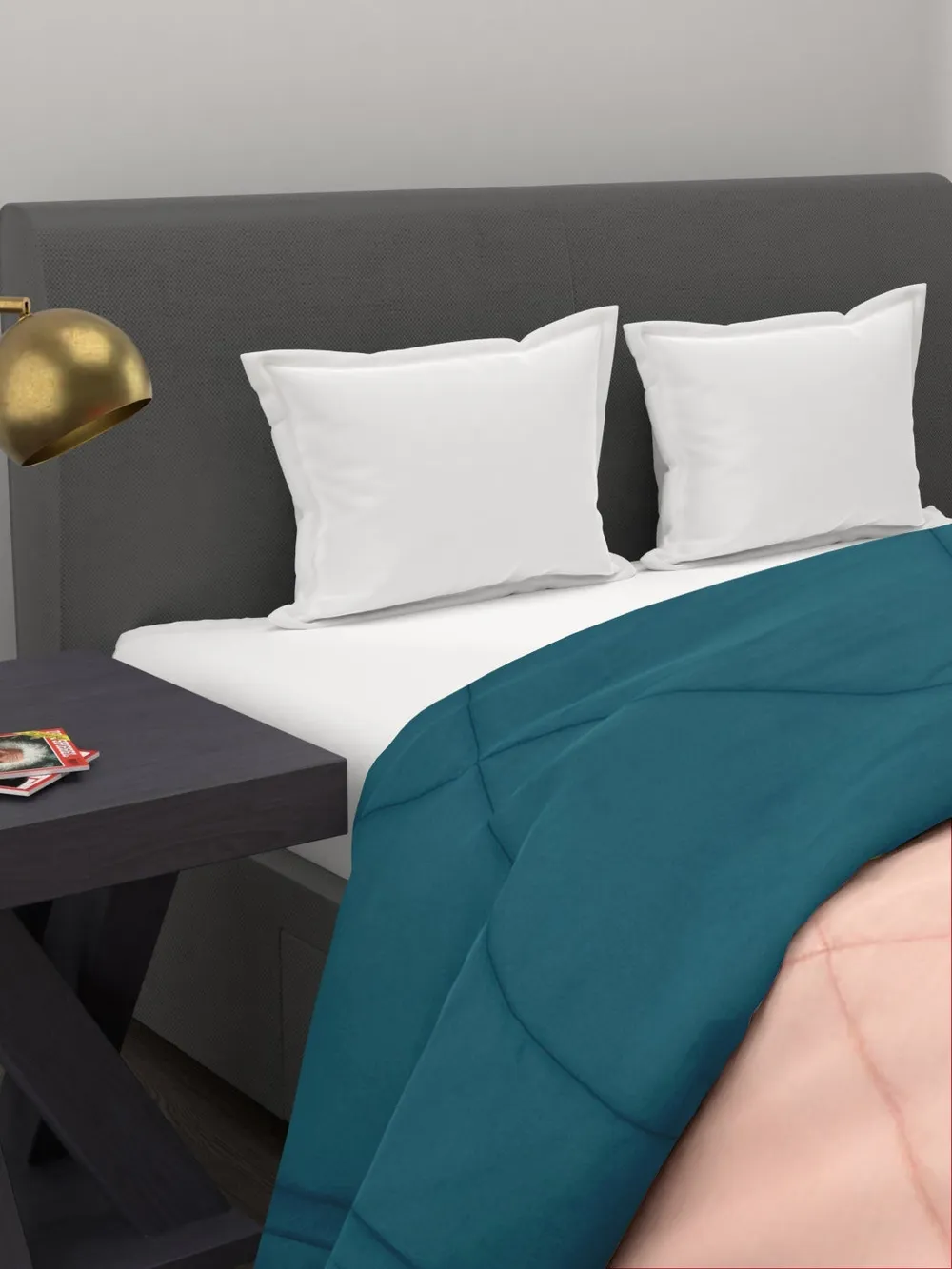 Clasiko Cream & Sea Green King Size Double Bed Reversible Comforter- 220 GSM