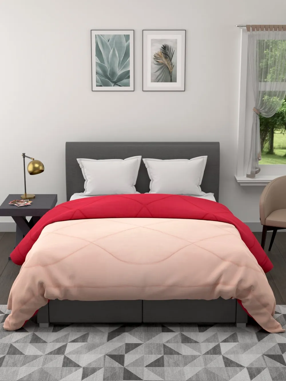 Clasiko Crimson Red & Beige King Size Double Bed Reversible Comforter- 220 GSM