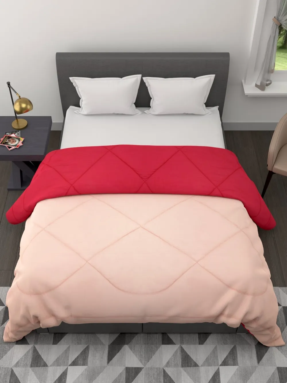 Clasiko Crimson Red & Beige King Size Double Bed Reversible Comforter- 220 GSM