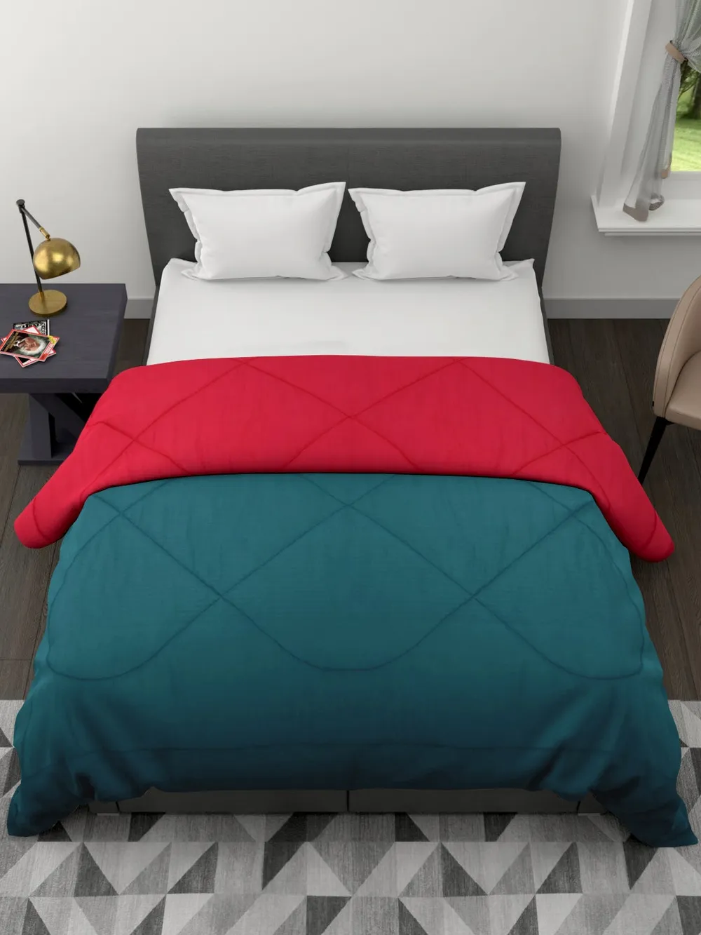 Clasiko Crimson Red & Blue King Size Double Bed Reversible Comforter- 220 GSM