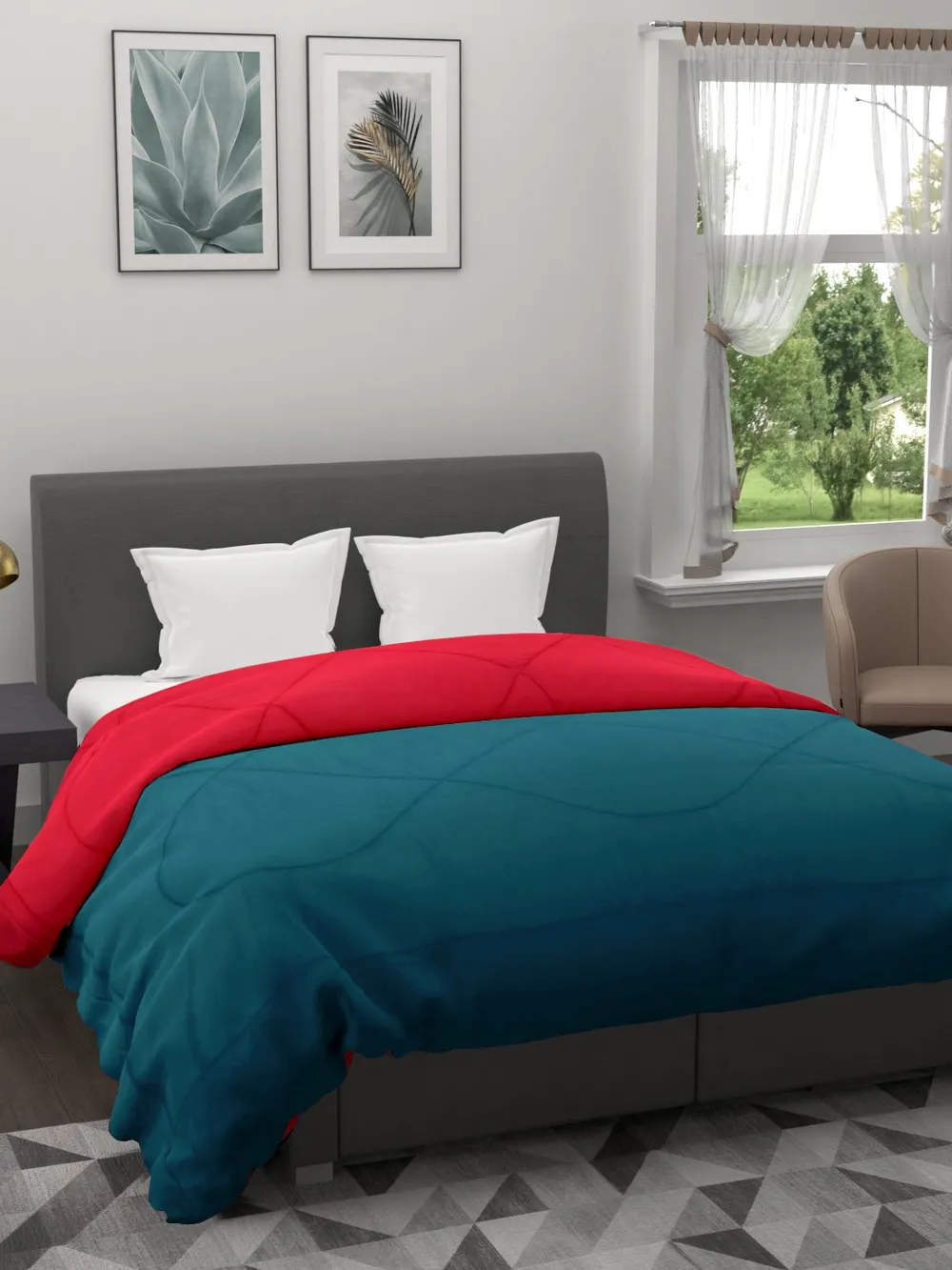 Clasiko Crimson Red & Blue King Size Double Bed Reversible Comforter- 220 GSM