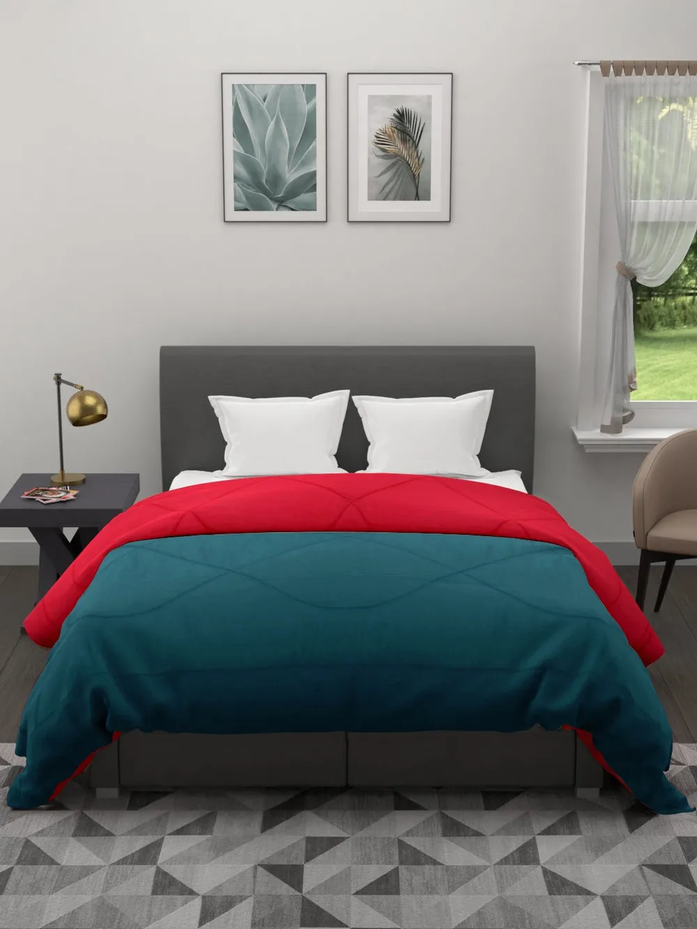 Clasiko Crimson Red & Blue King Size Double Bed Reversible Comforter- 220 GSM
