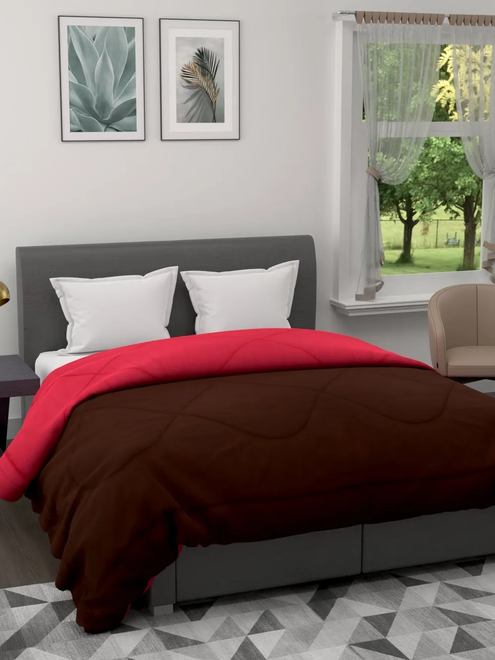 Clasiko Crimson Red & Brown King Size Double Bed Reversible Comforter- 220 GSM