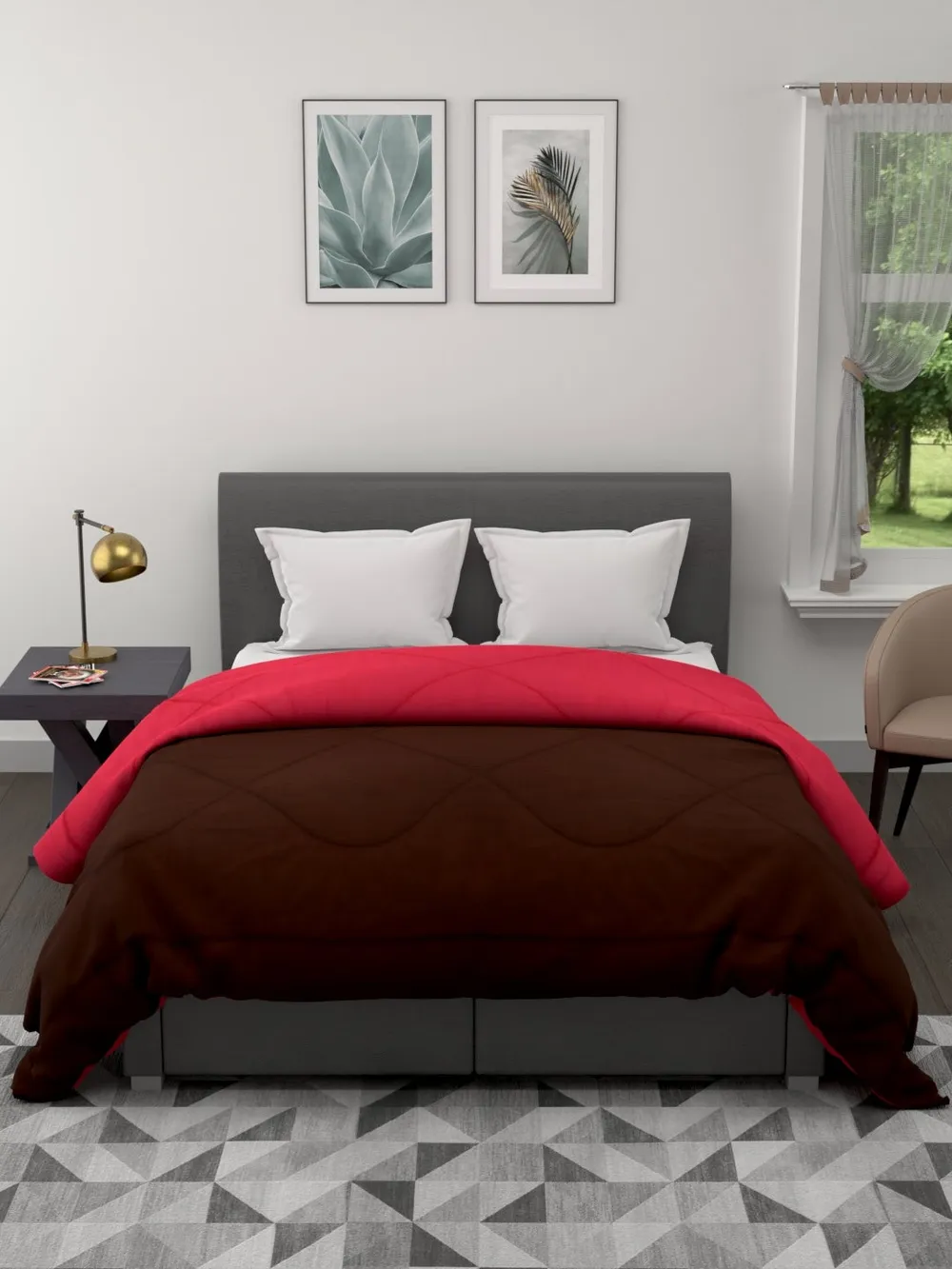 Clasiko Crimson Red & Brown King Size Double Bed Reversible Comforter- 220 GSM