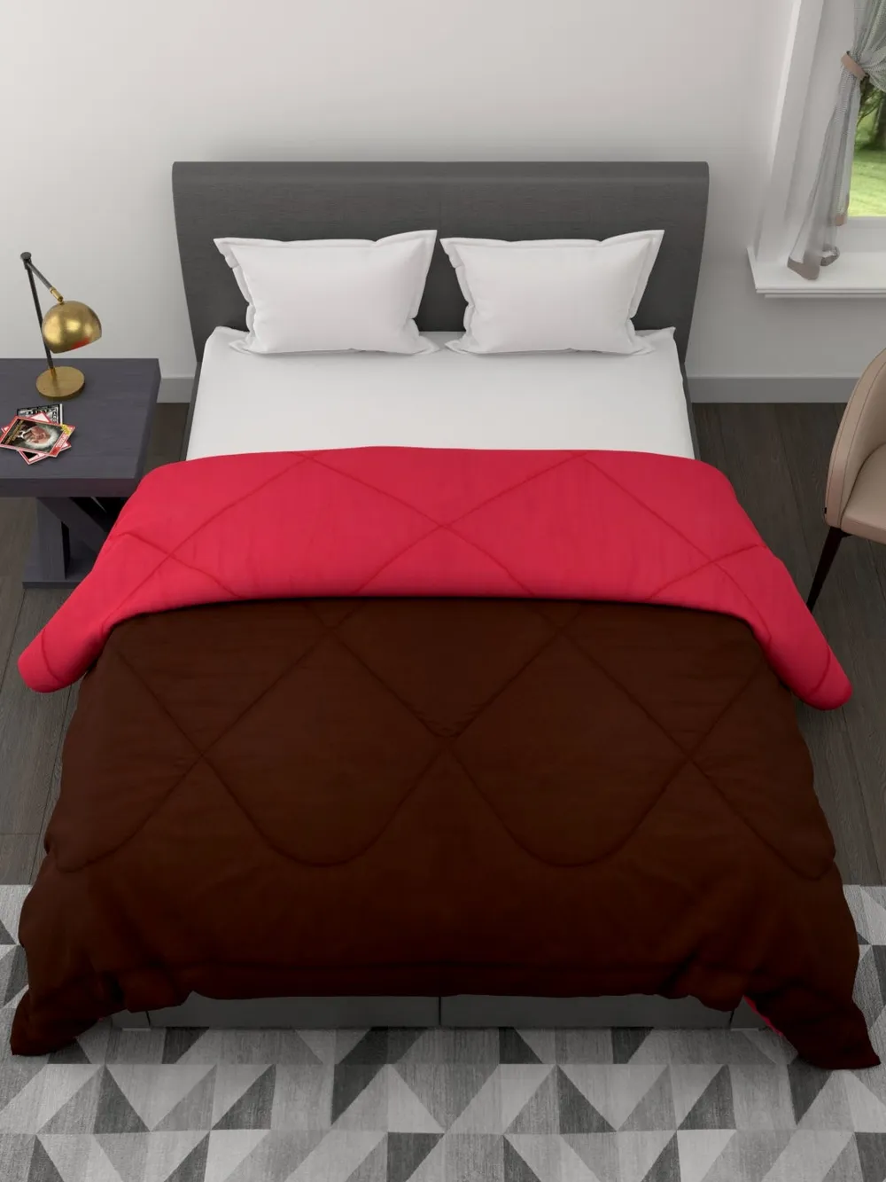 Clasiko Crimson Red & Brown King Size Double Bed Reversible Comforter- 220 GSM