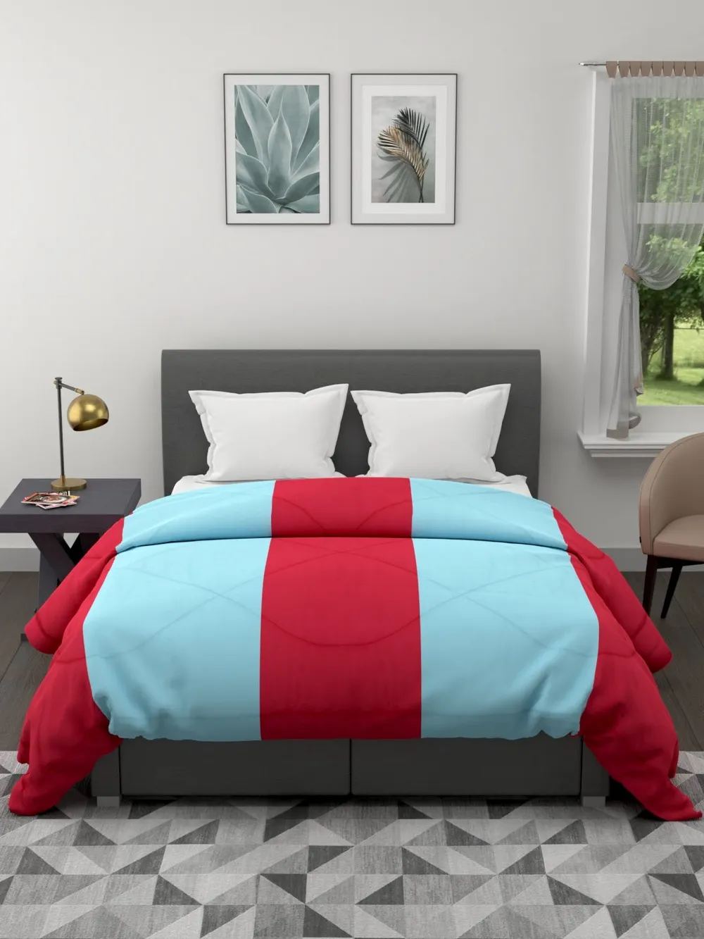 Clasiko Crimson Red & Sky Blue Striped King Size Double Bed Reversible Comforter- 220 GSM