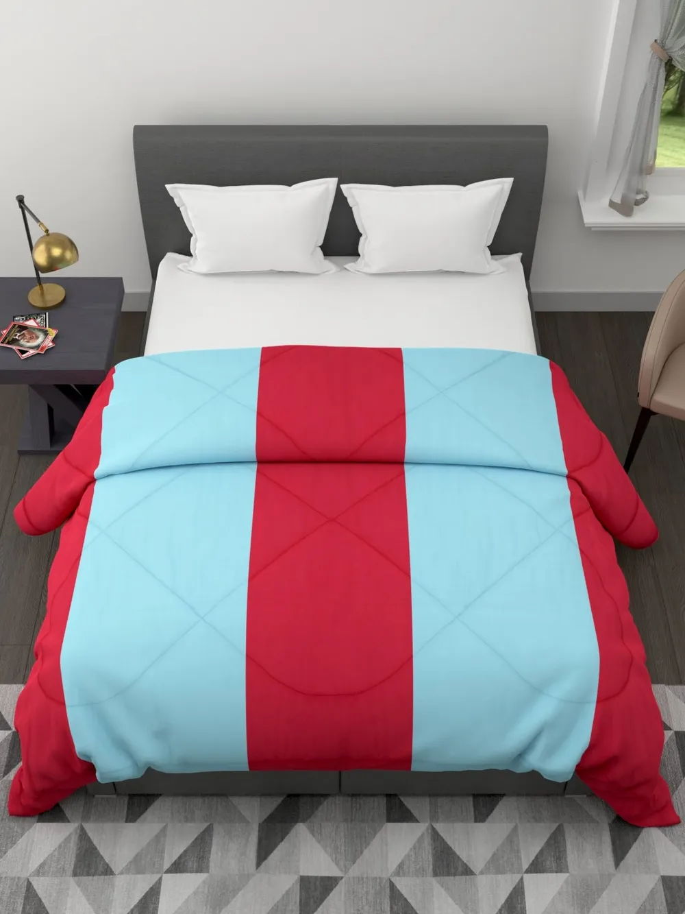 Clasiko Crimson Red & Sky Blue Striped King Size Double Bed Reversible Comforter- 220 GSM