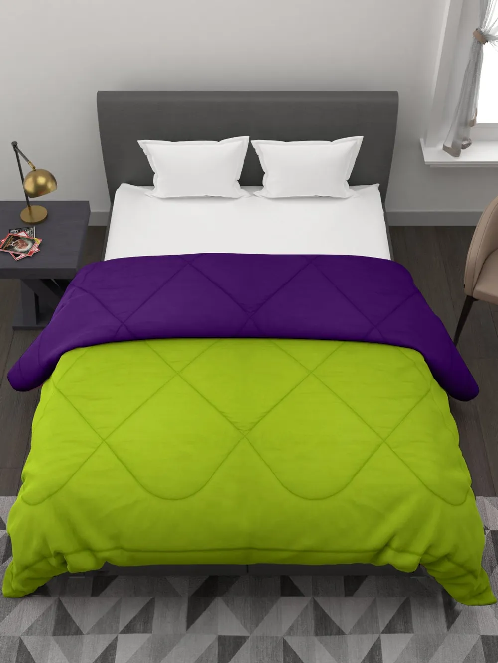 Clasiko Florescent Green & Violet King Size Double Bed Reversible Comforter- 220 GSM