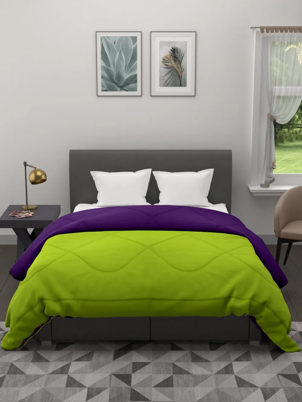 Clasiko Florescent Green & Violet King Size Double Bed Reversible Comforter- 220 GSM