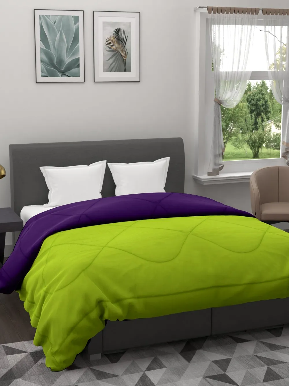 Clasiko Florescent Green & Violet King Size Double Bed Reversible Comforter- 220 GSM