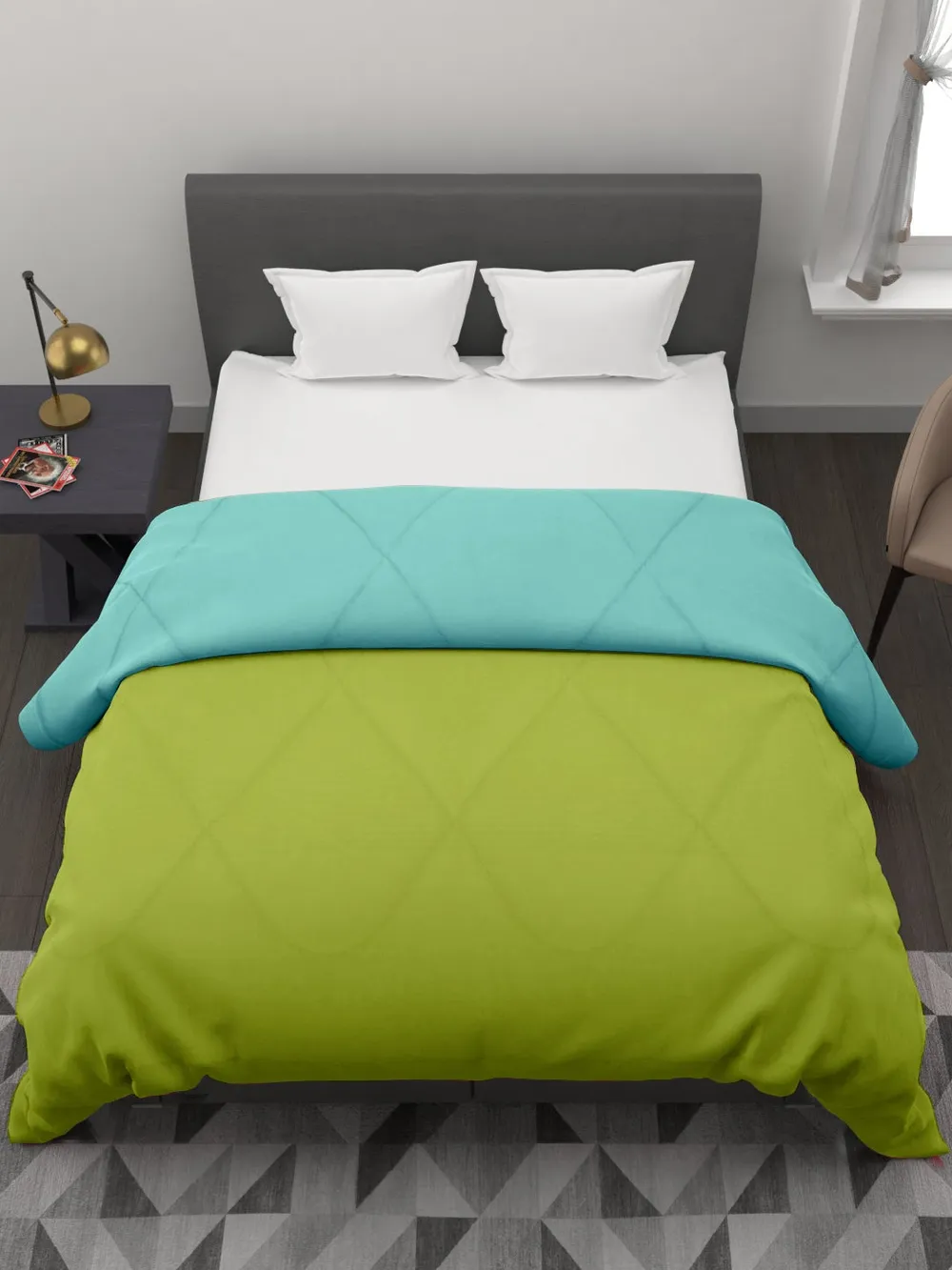 Clasiko Green & Sky Blue King Size Double Bed Reversible Comforter- 220 GSM