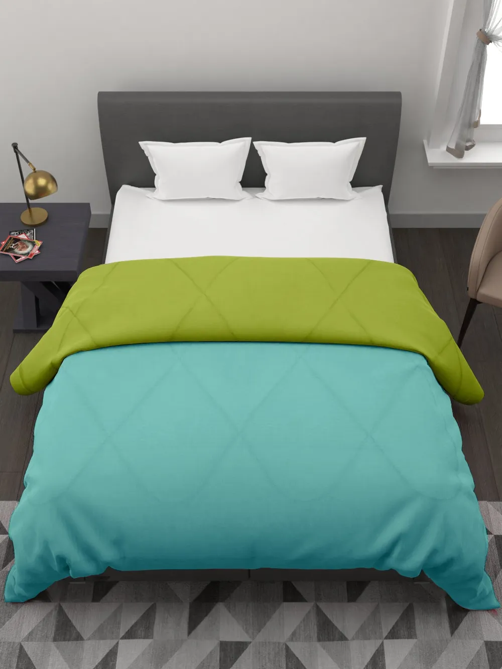 Clasiko Green & Sky Blue King Size Double Bed Reversible Comforter- 220 GSM