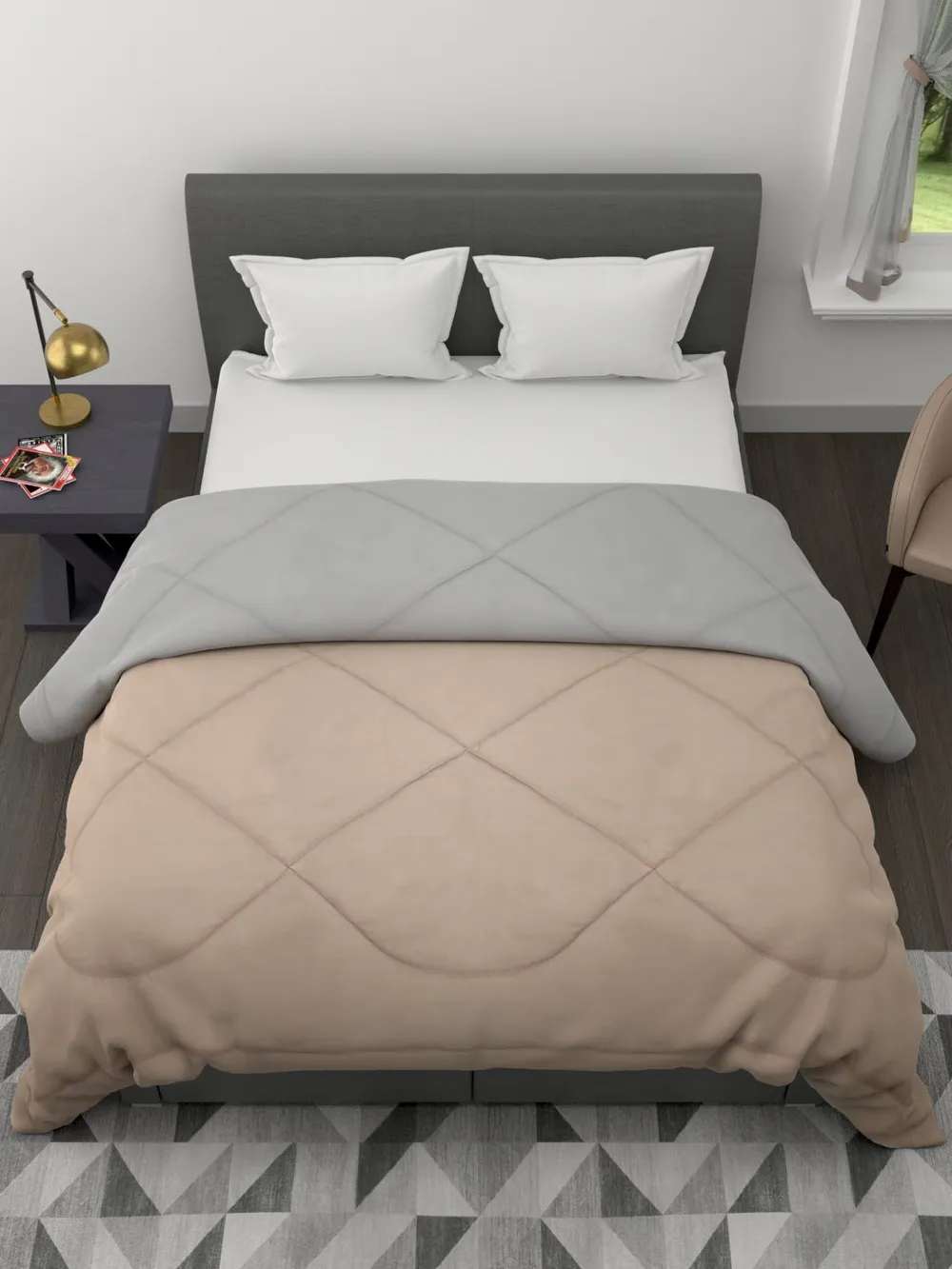 Clasiko Grey & Beige King Size Double Bed Reversible Comforter- 220 GSM