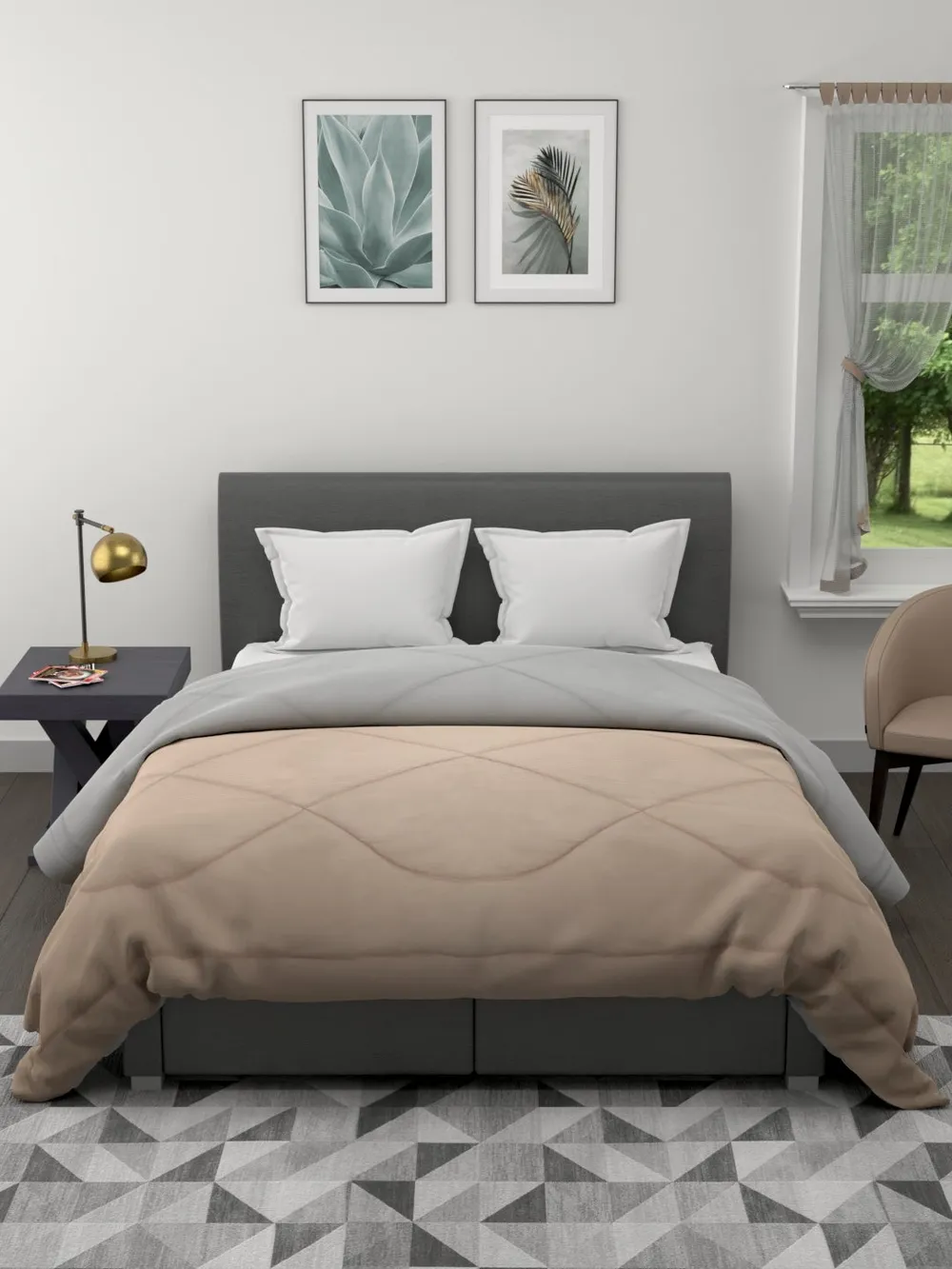 Clasiko Grey & Beige King Size Double Bed Reversible Comforter- 220 GSM
