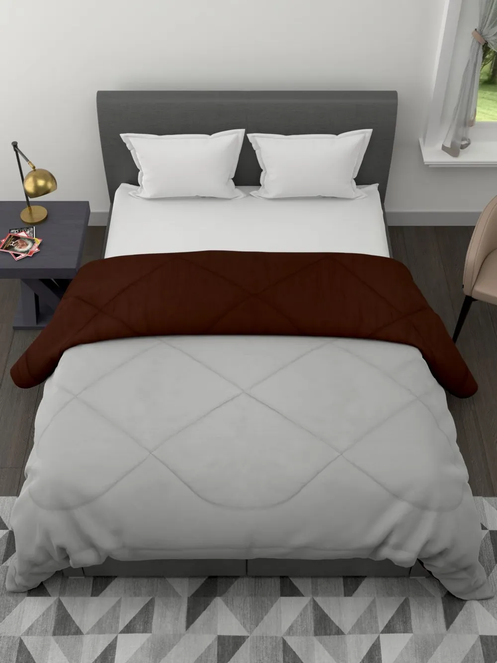Clasiko Grey & Brown King Size Double Bed Reversible Comforter- 220 GSM