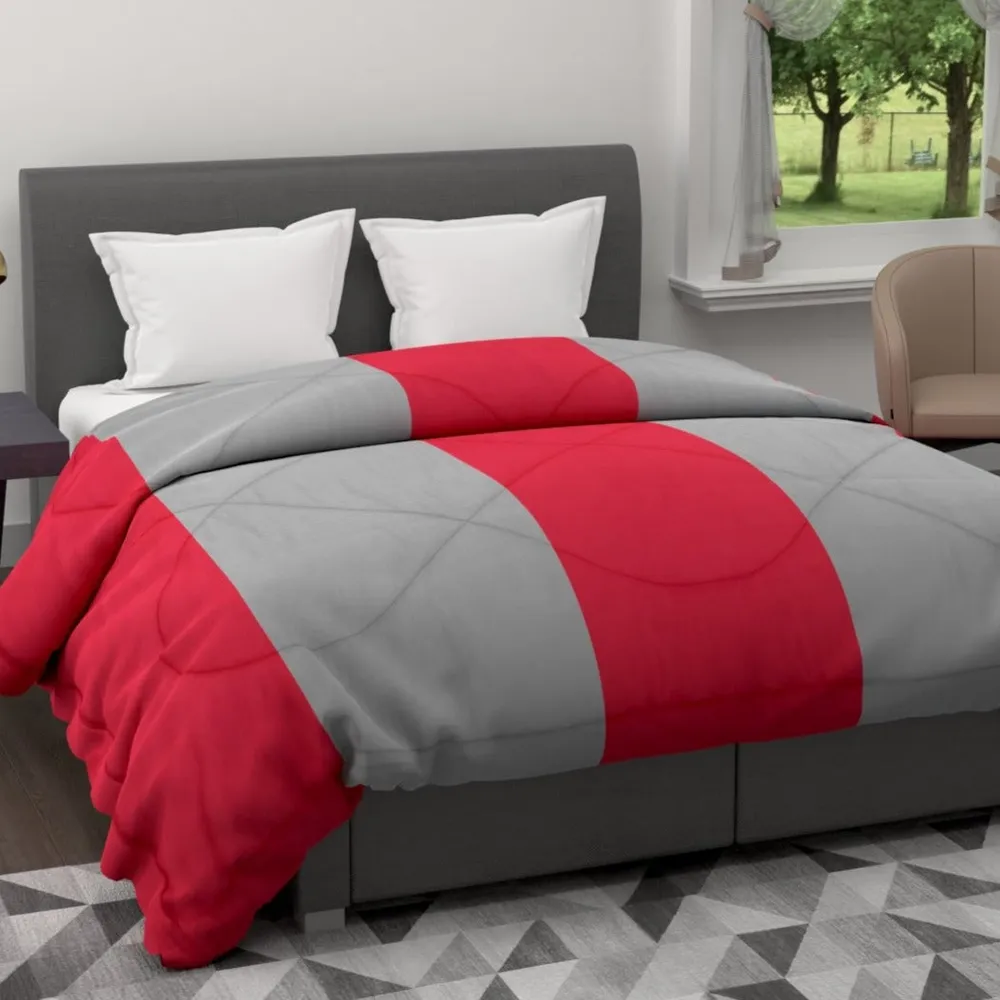Clasiko Grey & Crimson Red Striped King Size Double Bed Reversible Comforter- 220 GSM