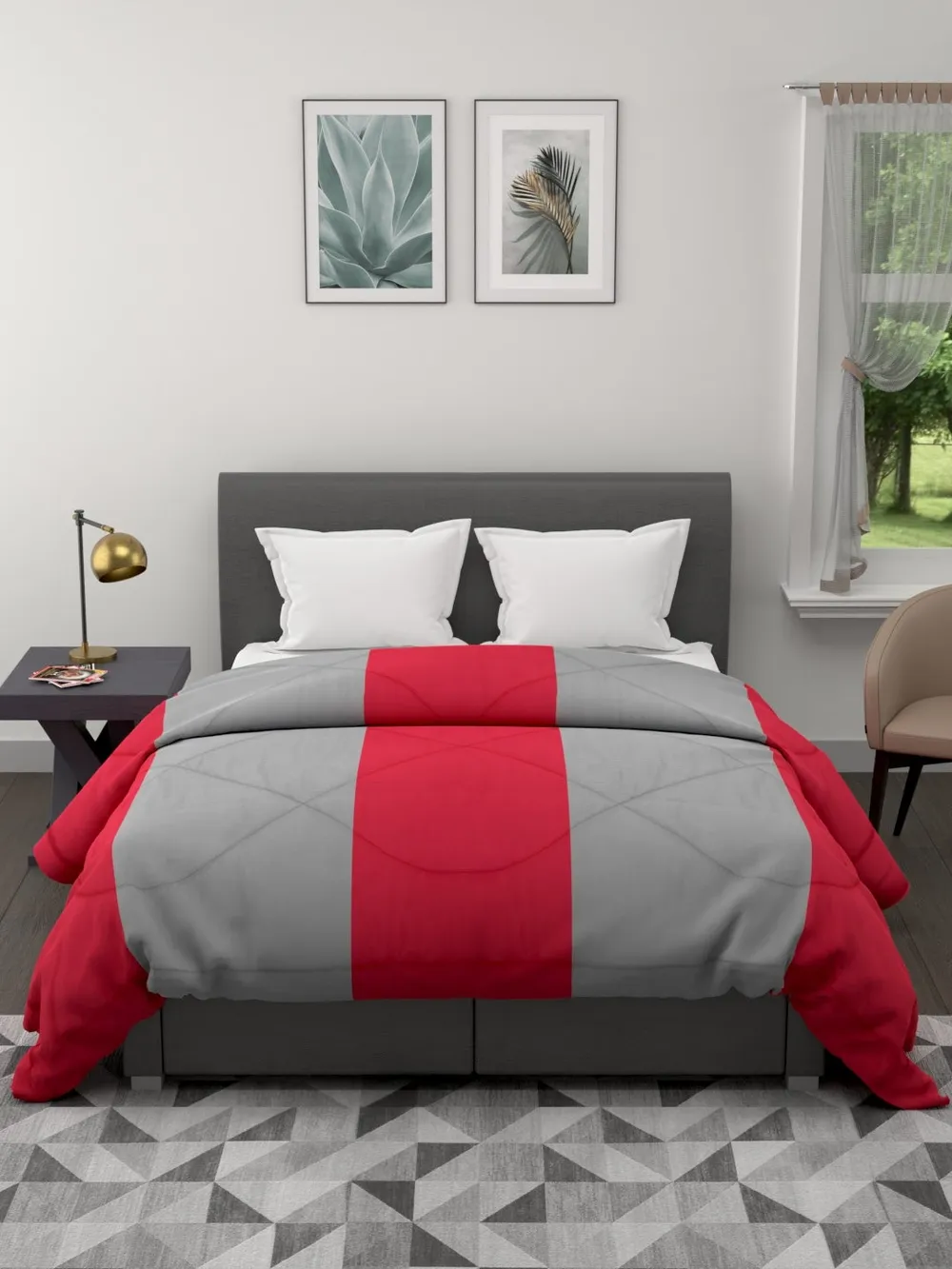 Clasiko Grey & Crimson Red Striped King Size Double Bed Reversible Comforter- 220 GSM