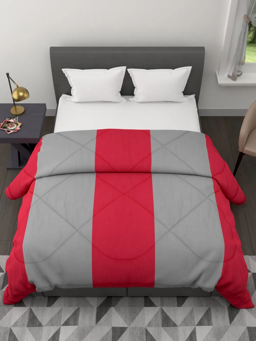 Clasiko Grey & Crimson Red Striped King Size Double Bed Reversible Comforter- 220 GSM