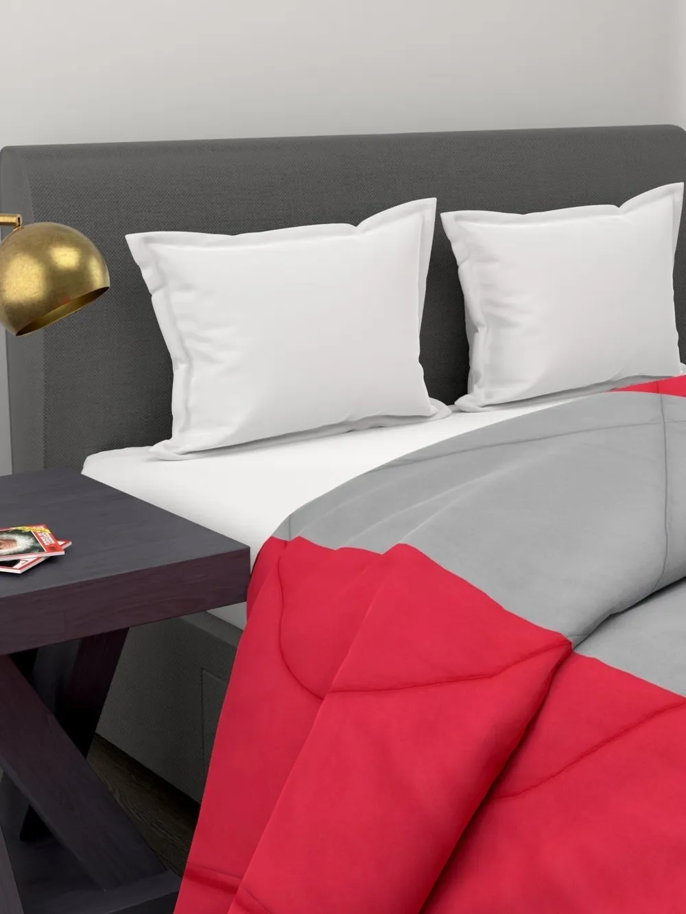 Clasiko Grey & Crimson Red Striped King Size Double Bed Reversible Comforter- 220 GSM