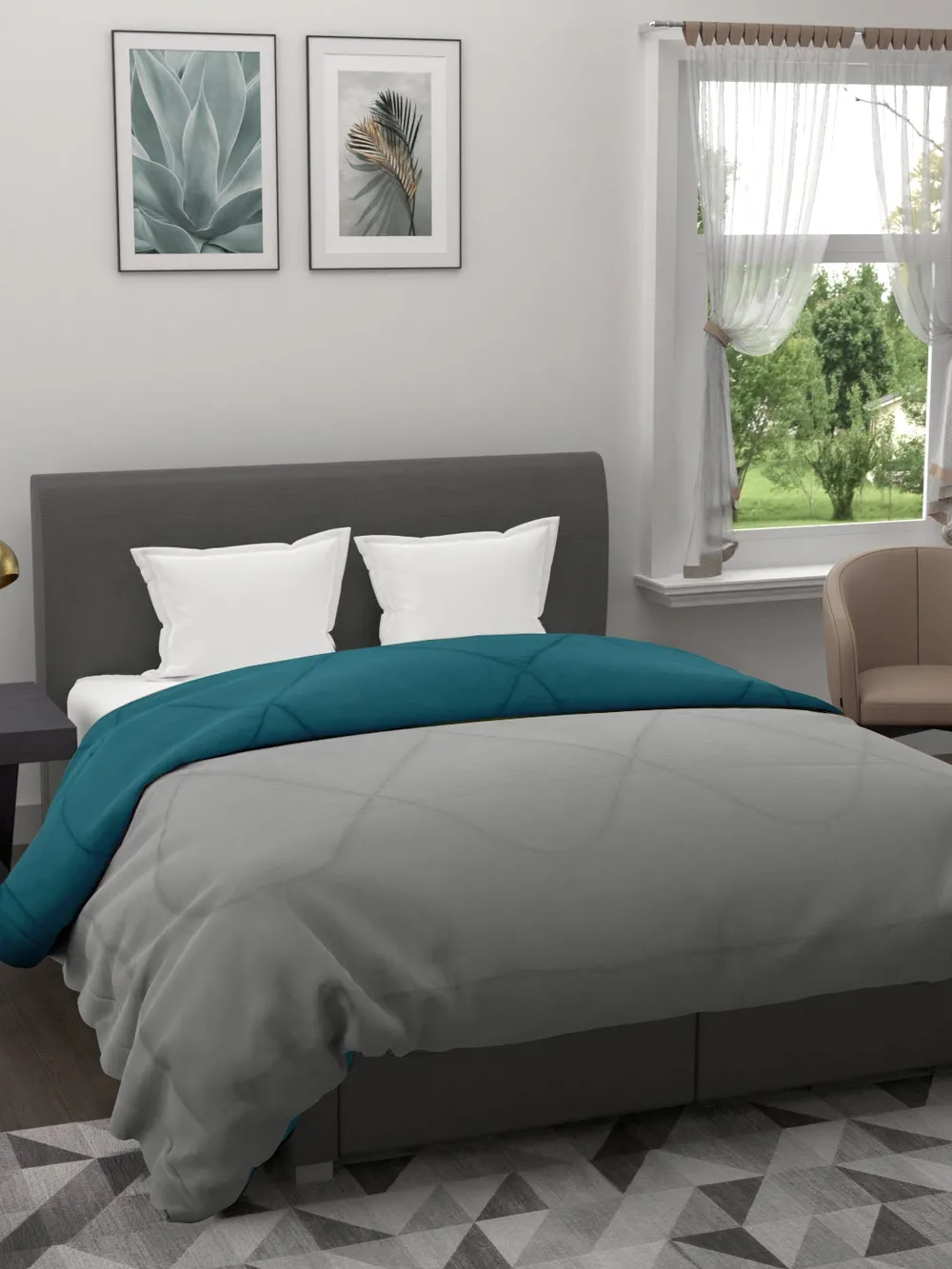 Clasiko Grey & Sea Green King Size Double Bed Reversible Comforter- 220 GSM