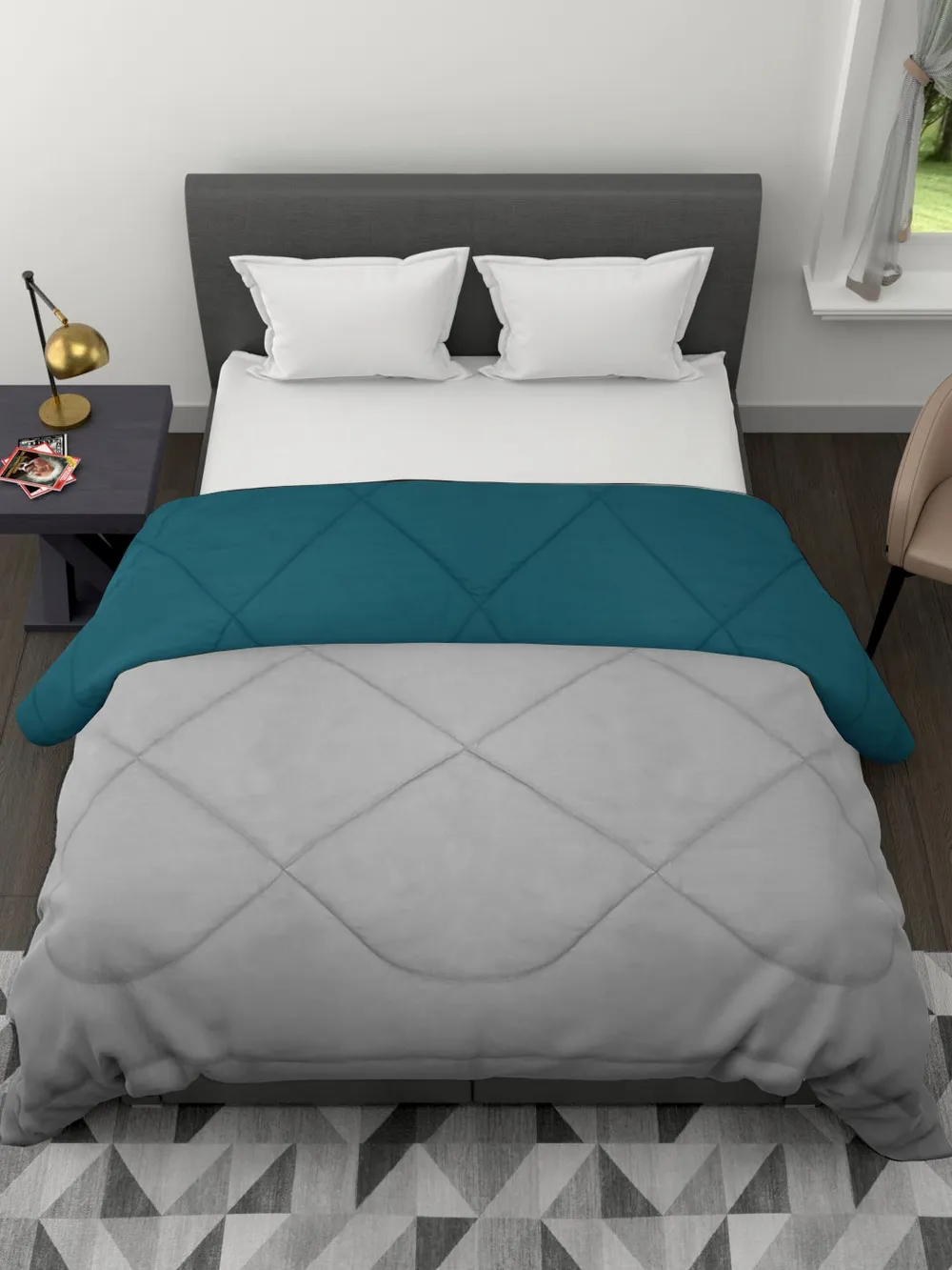 Clasiko Grey & Sea Green King Size Double Bed Reversible Comforter- 220 GSM