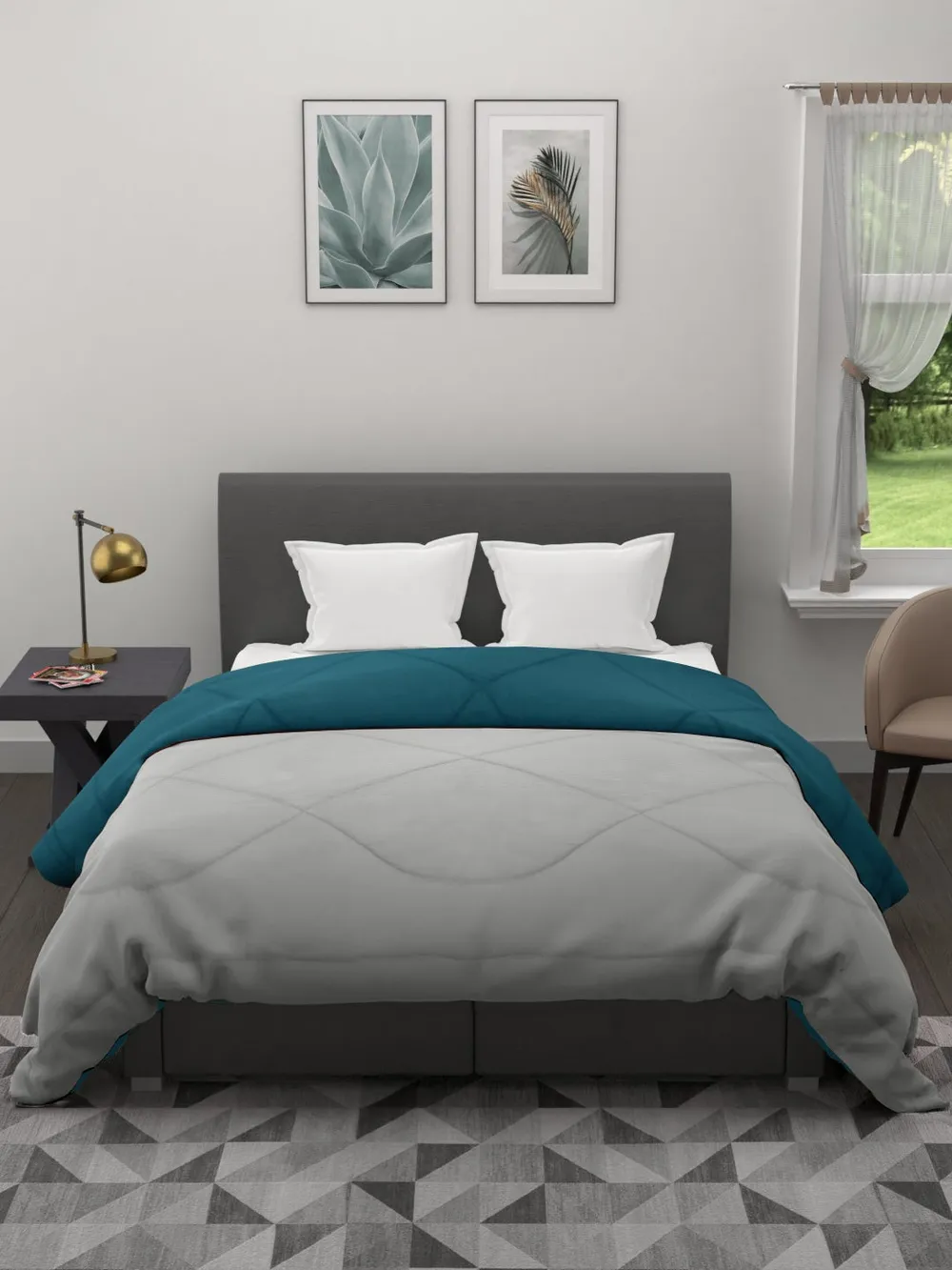 Clasiko Grey & Sea Green King Size Double Bed Reversible Comforter- 220 GSM