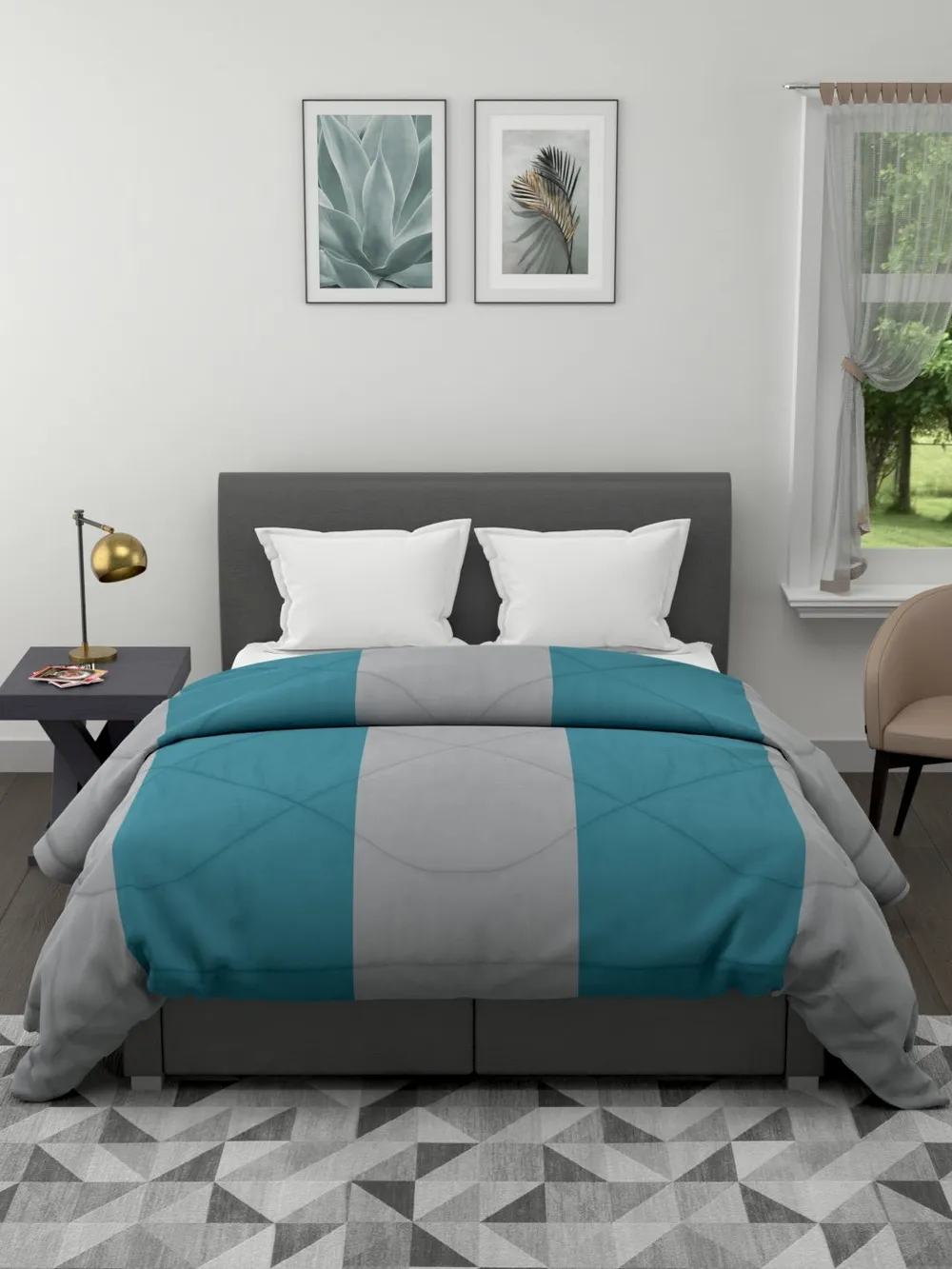 Clasiko Grey & Sea Green Striped King Size Double Bed Comforter