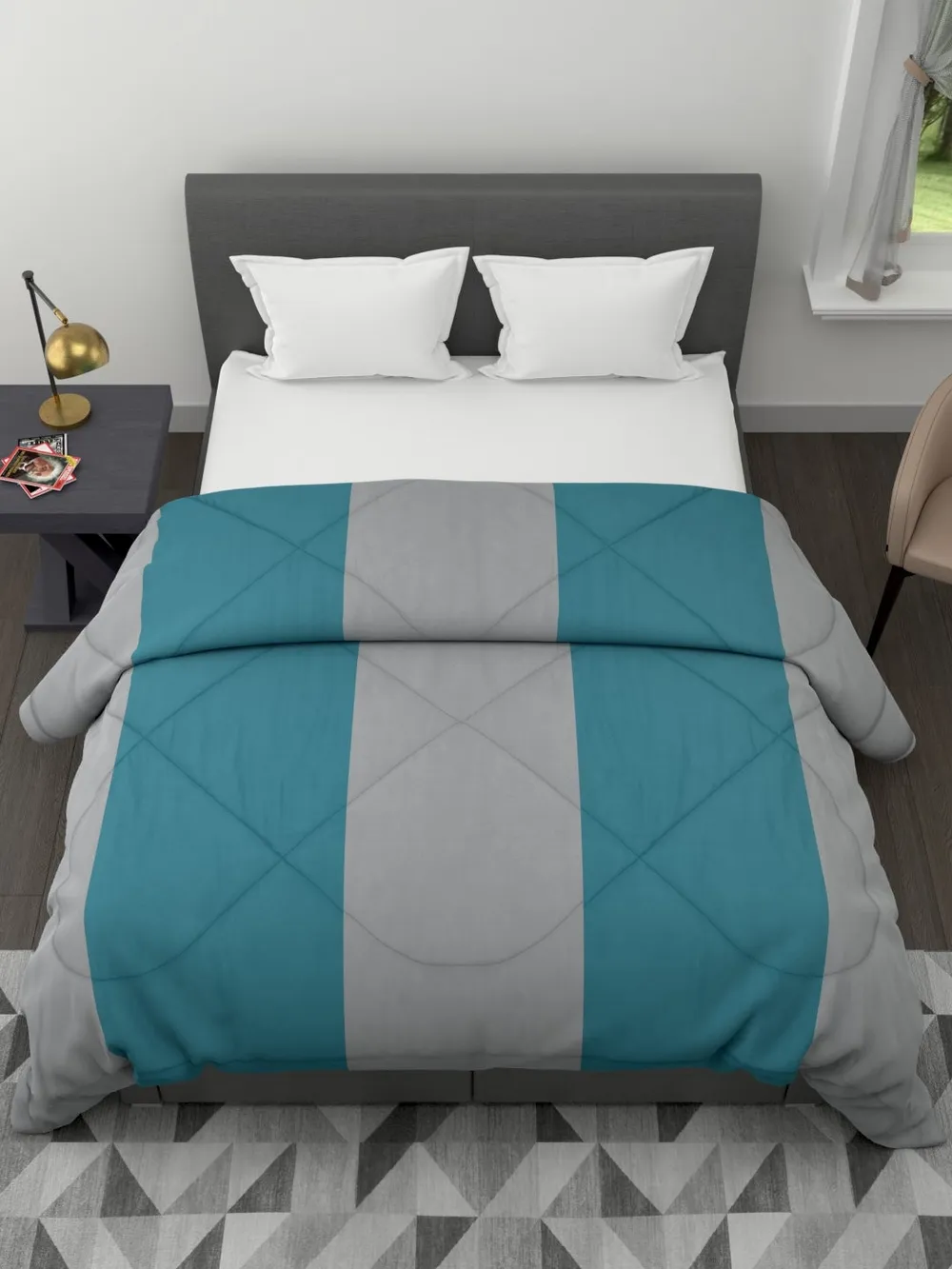 Clasiko Grey & Sea Green Striped King Size Double Bed Comforter
