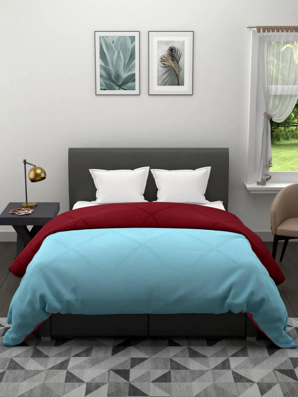 Clasiko Maroon & Blue King Size Double Bed Reversible Comforter- 220 GSM