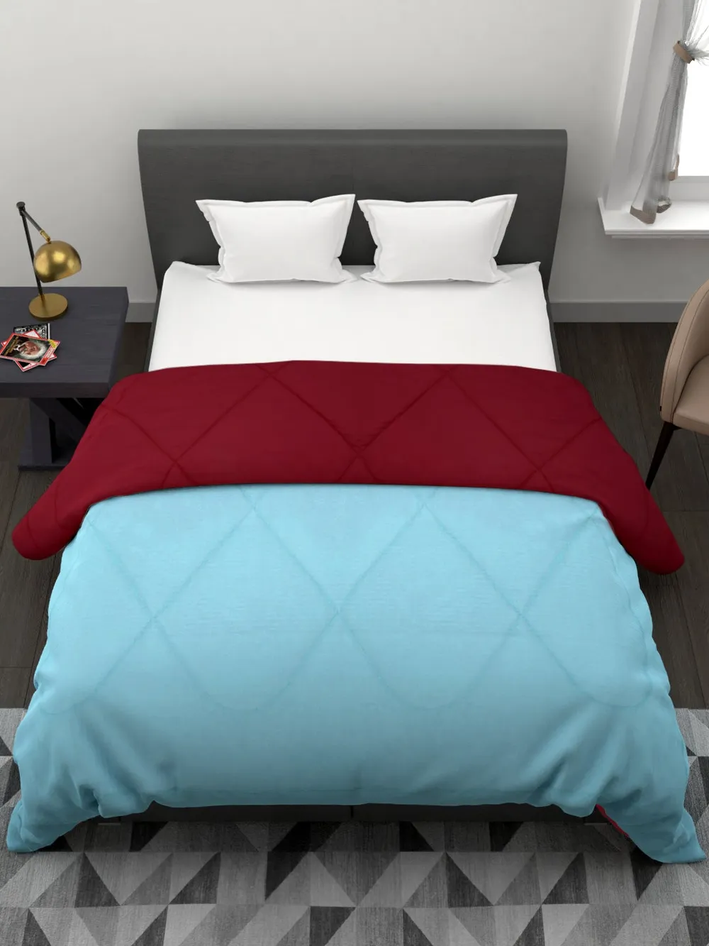 Clasiko Maroon & Blue King Size Double Bed Reversible Comforter- 220 GSM