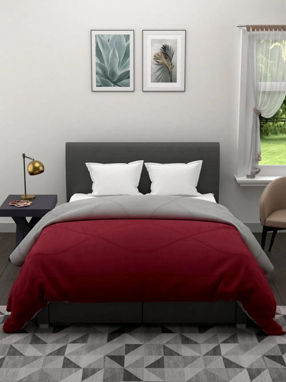 Clasiko Maroon & Grey King Size Double Bed Reversible Comforter- 220 GSM