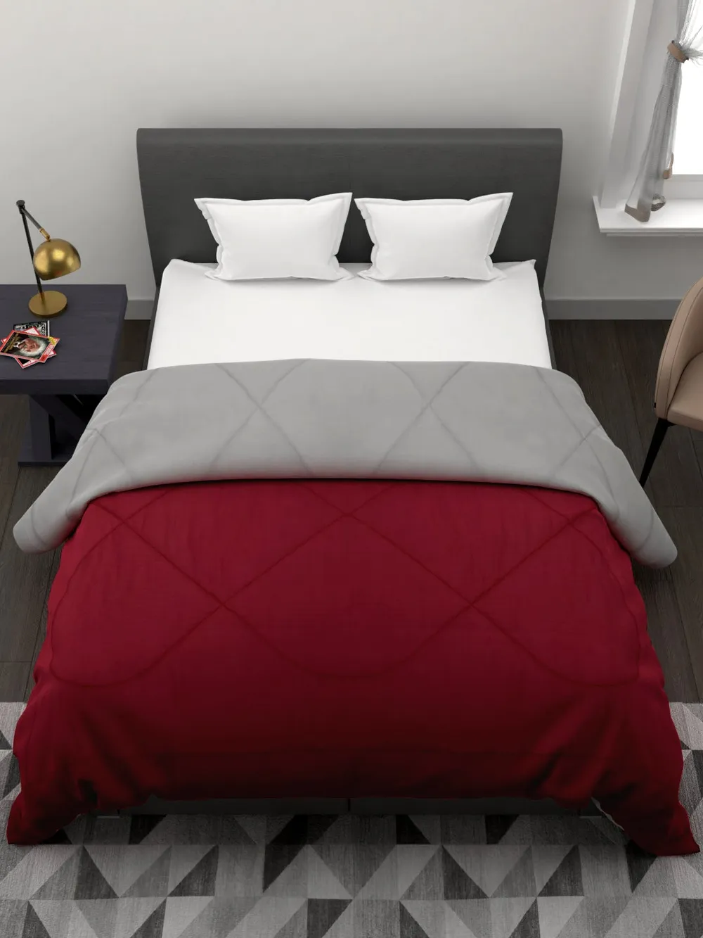 Clasiko Maroon & Grey King Size Double Bed Reversible Comforter- 220 GSM
