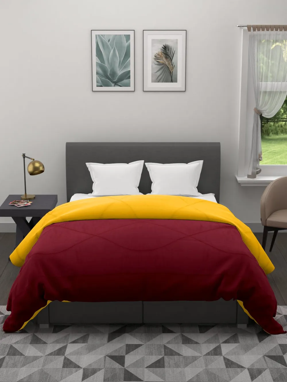Clasiko Maroon & Yellow King Size Double Bed Reversible Comforter- 220 GSM