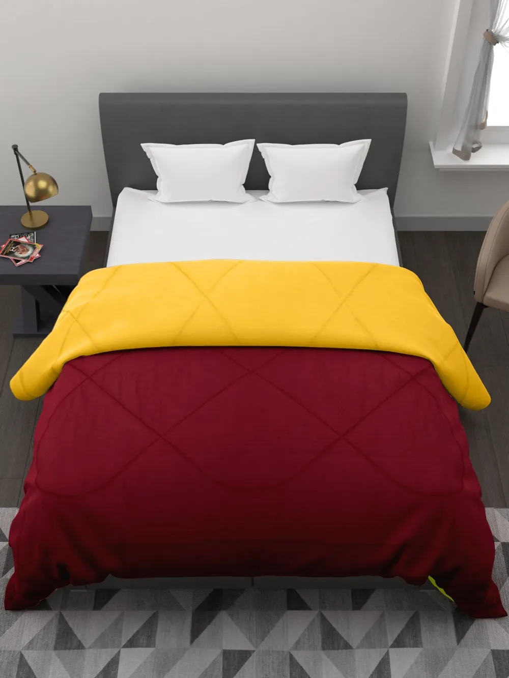 Clasiko Maroon & Yellow King Size Double Bed Reversible Comforter- 220 GSM