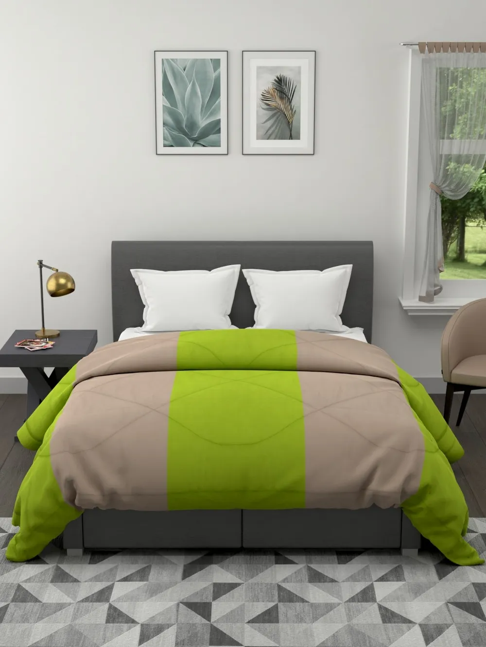 Clasiko Neon Green & Beige Striped King Size Double Bed Reversible Comforter- 220 GSM