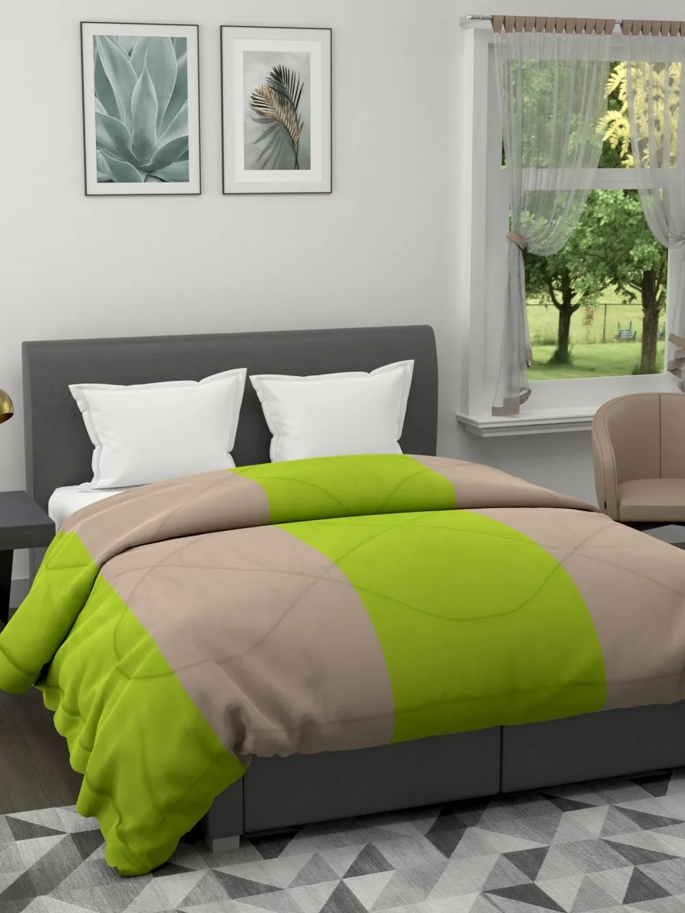Clasiko Neon Green & Beige Striped King Size Double Bed Reversible Comforter- 220 GSM