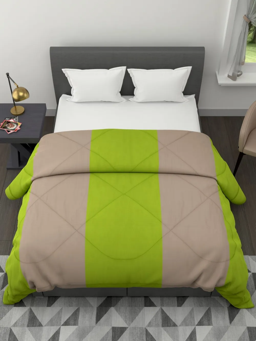 Clasiko Neon Green & Beige Striped King Size Double Bed Reversible Comforter- 220 GSM