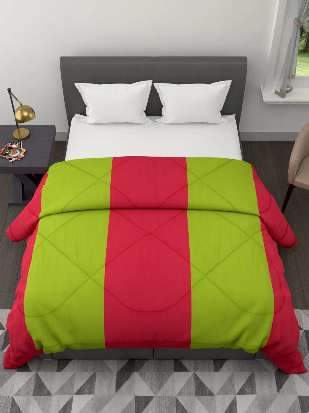 Clasiko Neon Green & Crimson Red Striped King Size Double Bed Reversible Comforter- 220 GSM