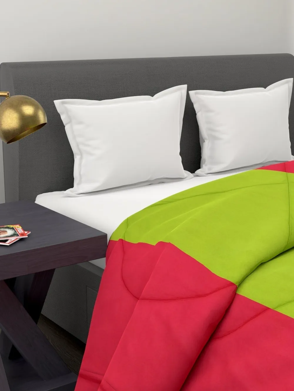 Clasiko Neon Green & Crimson Red Striped King Size Double Bed Reversible Comforter- 220 GSM