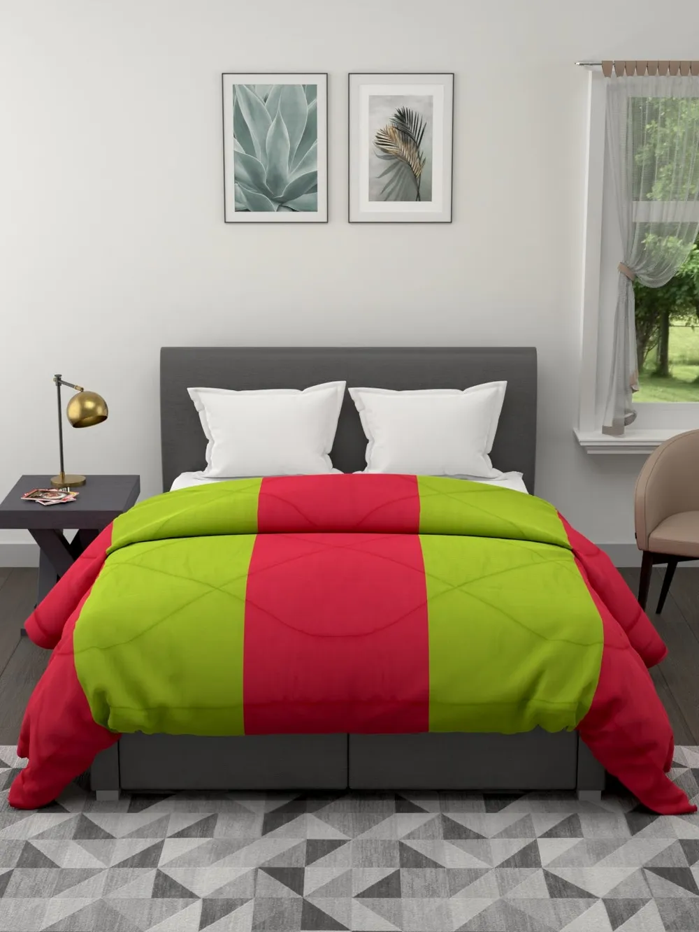 Clasiko Neon Green & Crimson Red Striped King Size Double Bed Reversible Comforter- 220 GSM
