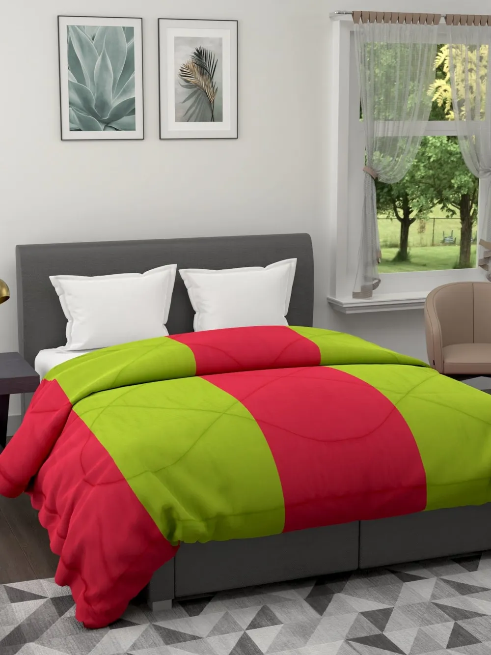 Clasiko Neon Green & Crimson Red Striped King Size Double Bed Reversible Comforter- 220 GSM