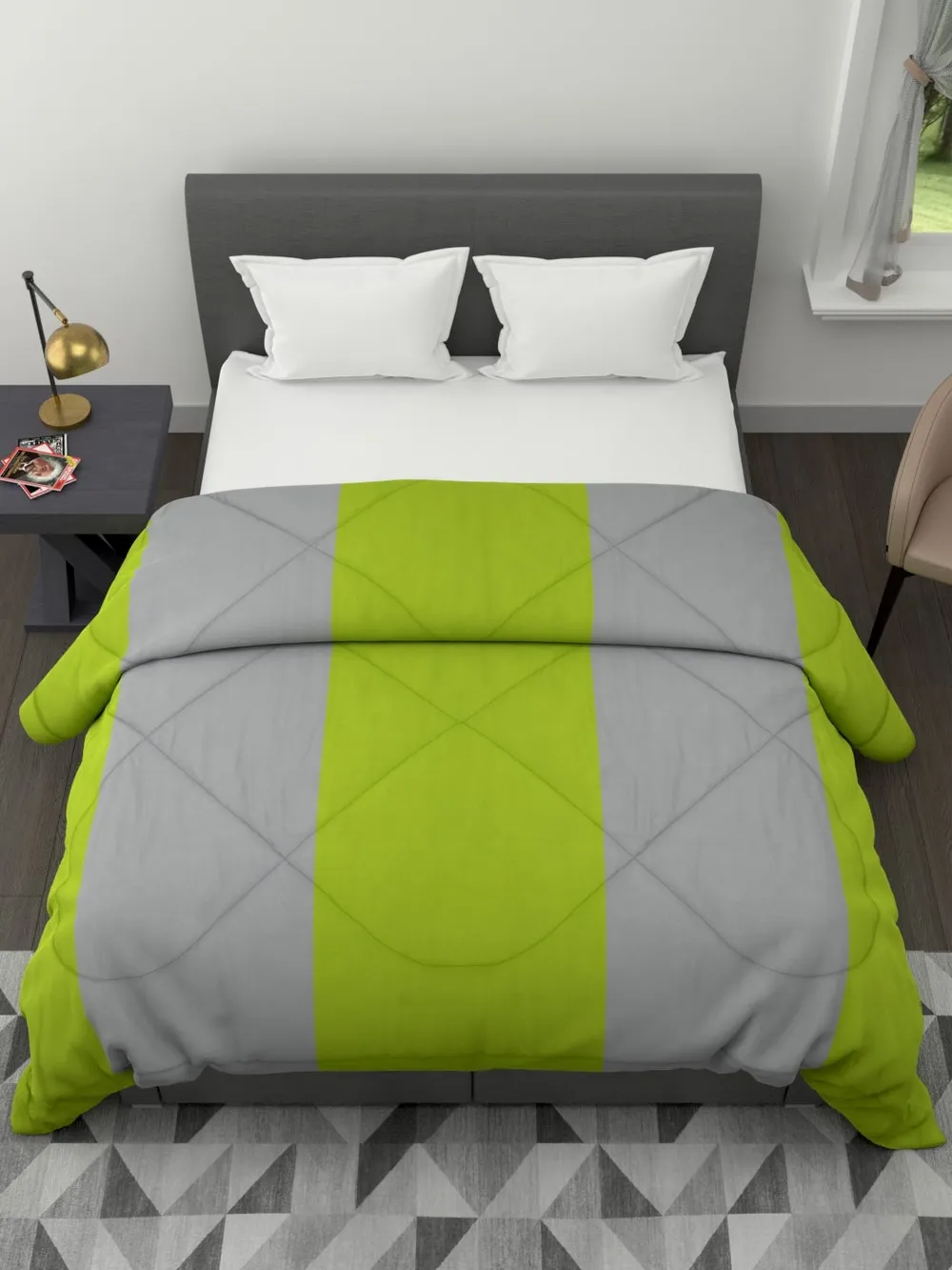 Clasiko Neon Green & Grey Striped King Size Double Bed Reversible Comforter- 220 GSM